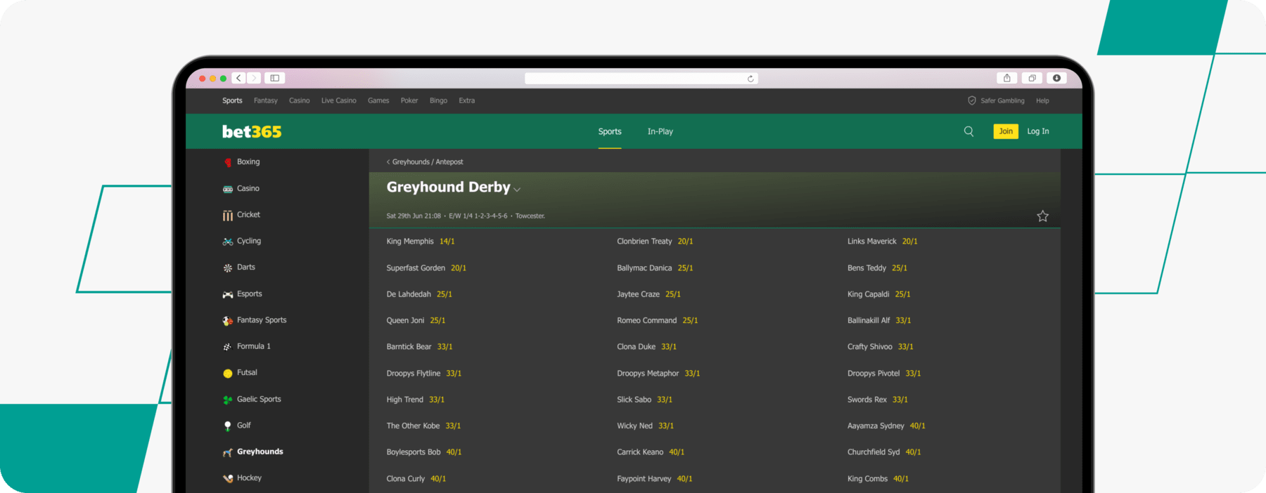 screenshot of bet365 greyhound derby betting odds